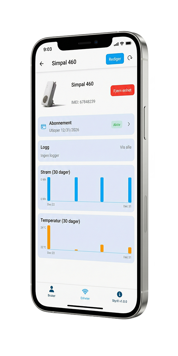 StyrX app på iPhone viser hovedskjerm